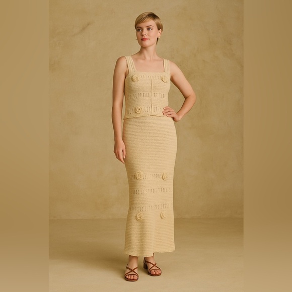 Golden Apricot Bloom Set-Elegant Crochet Beige Maxi Dress - Picture 1 of 5